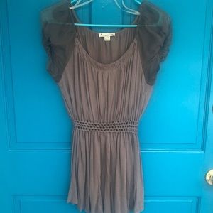 Taupe shirt w/ sheer sleeves/ braided waist detail